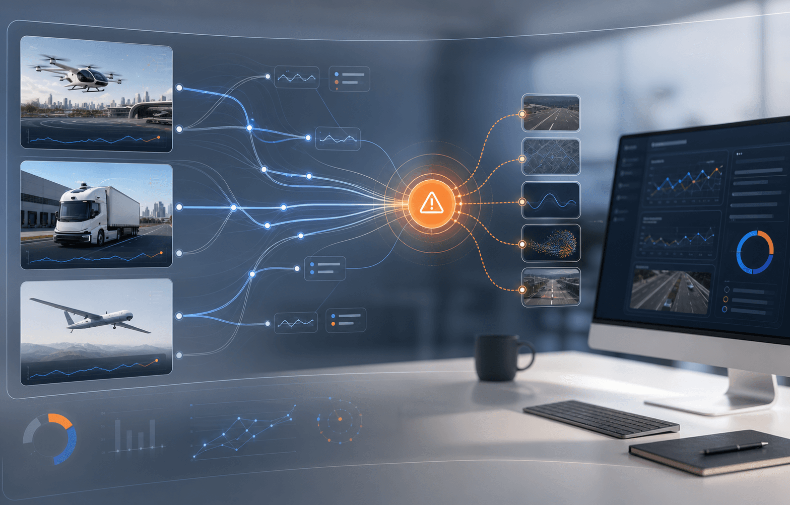Connected autonomous system signals converging into a highlighted cause node