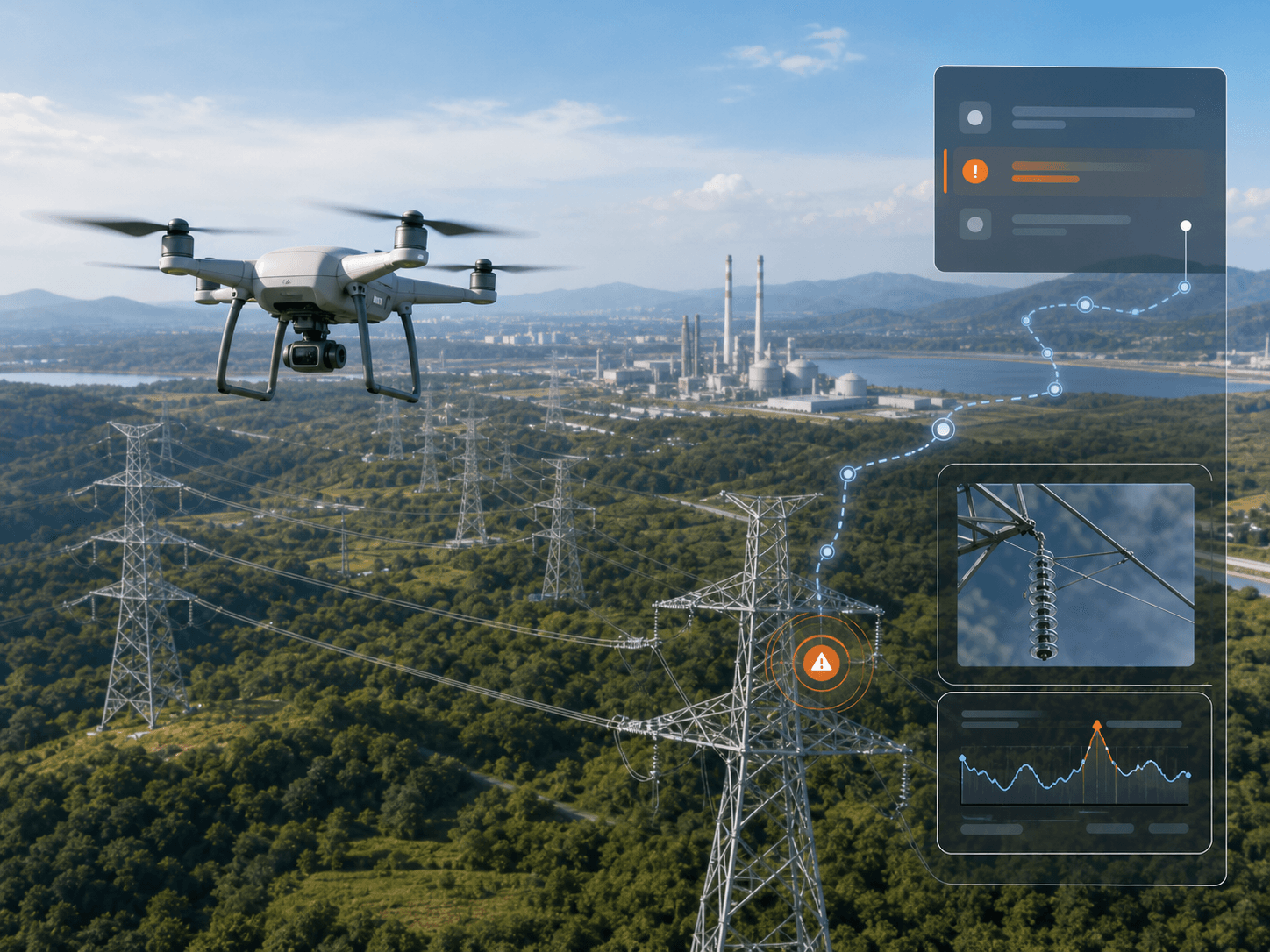 Civilian UAV inspecting power infrastructure with telemetry and evidence overlays