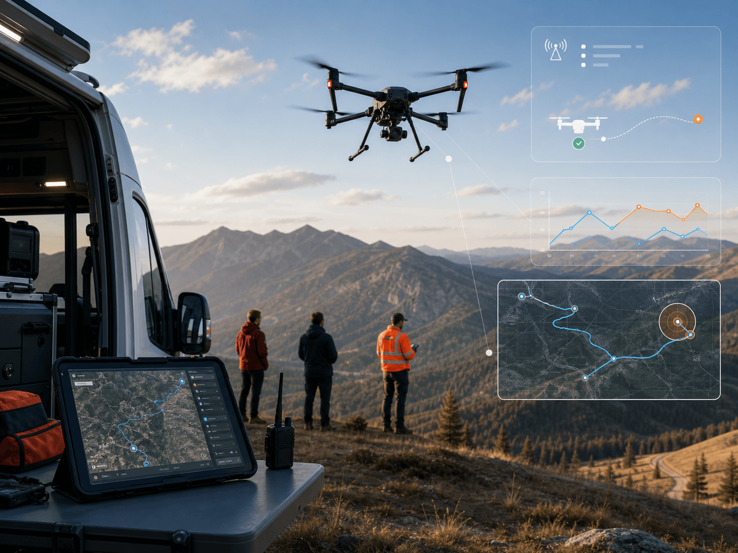 Commercial UAV field operation with operational awareness and route context overlays
